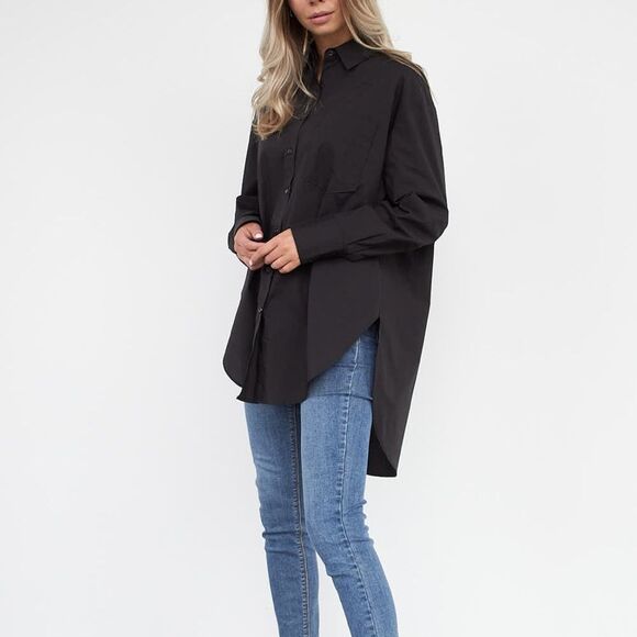 WB Hannah Pop Oversized 100% Organic Cotton Button Down Tunic Shirt Black - Picture 1 of 13